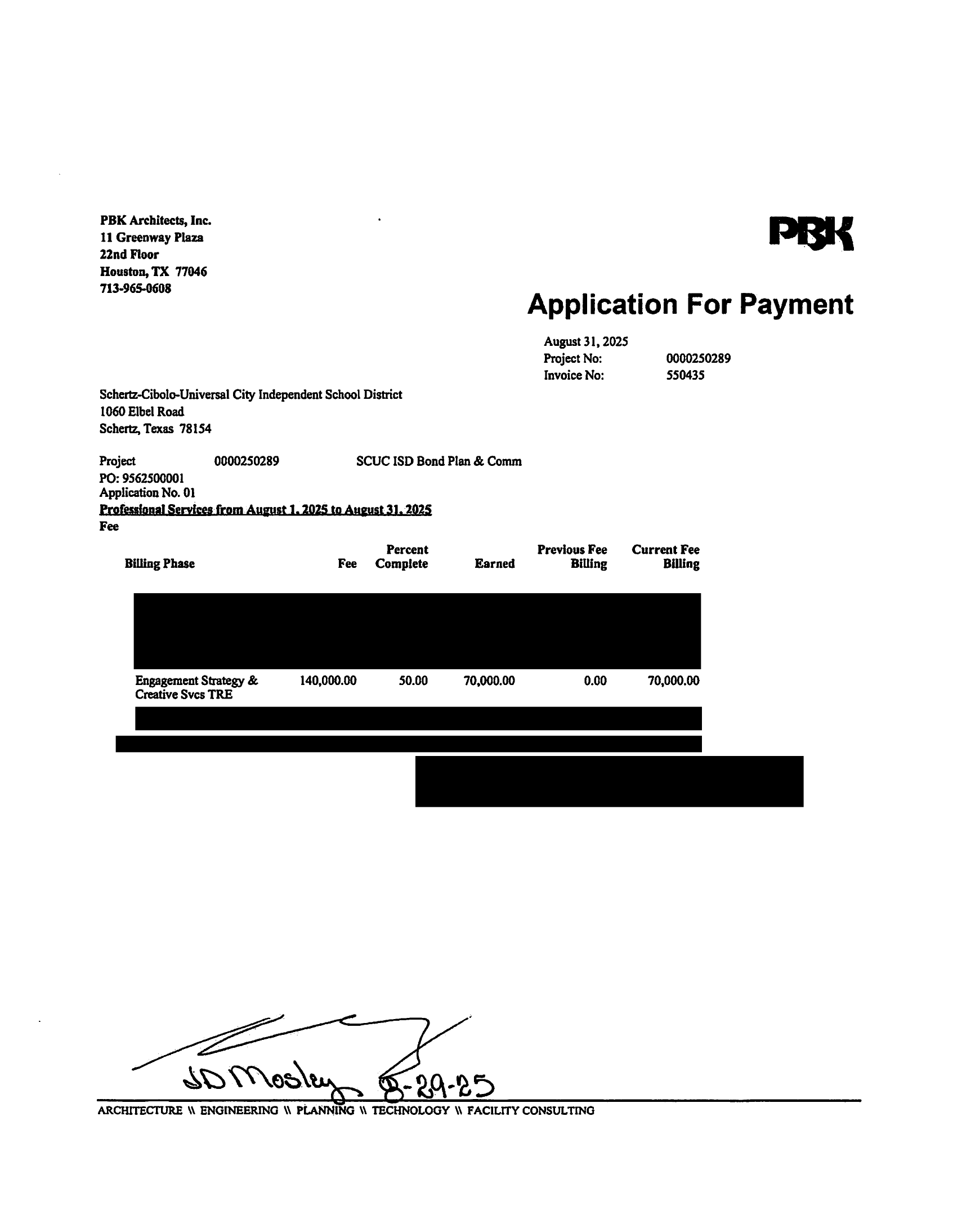 PBK Architects Invoice #550435 — $70,000 of $140,000 total for "Engagement Strategy & Creative Svcs TRE"