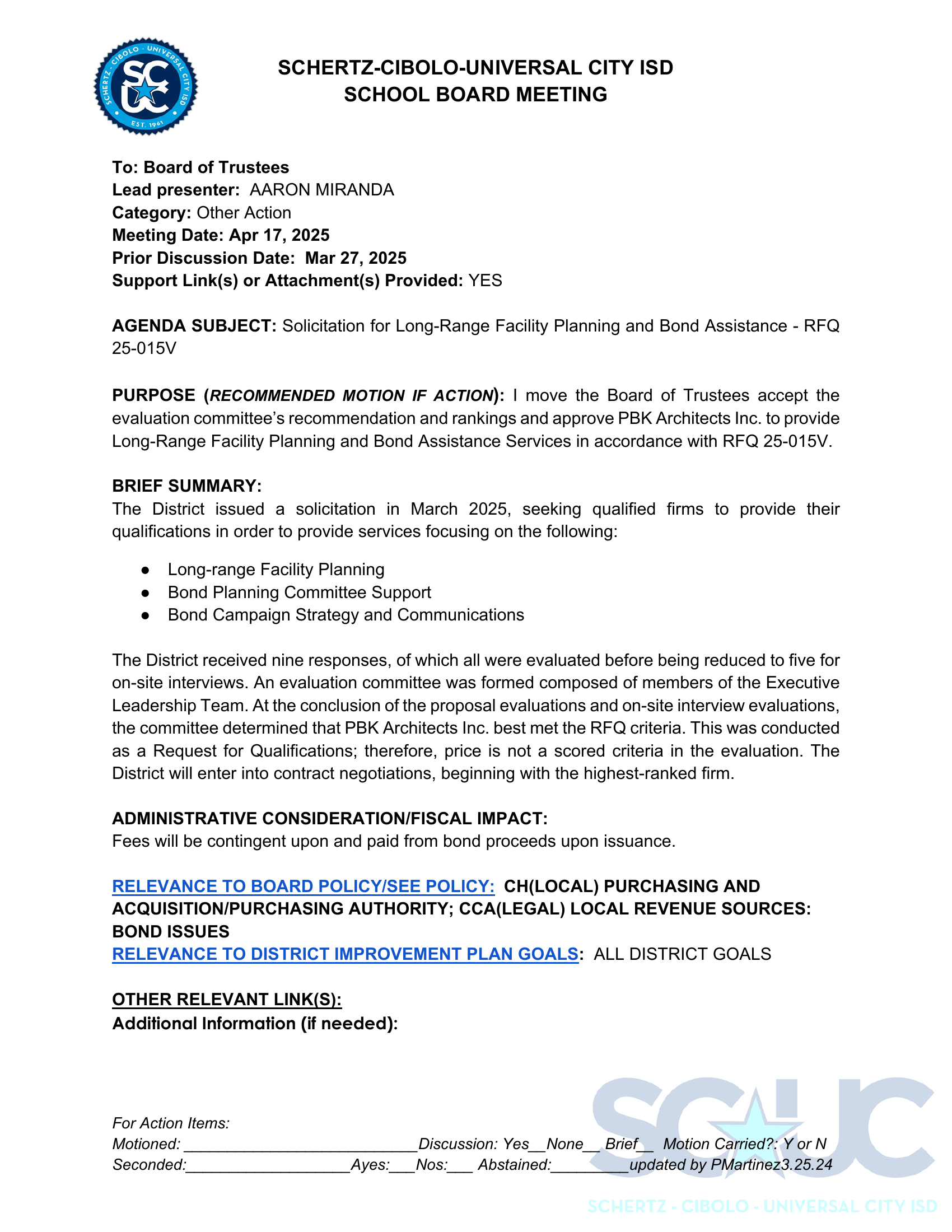 Board agenda for RFQ 25-015V showing PBK contract terms
