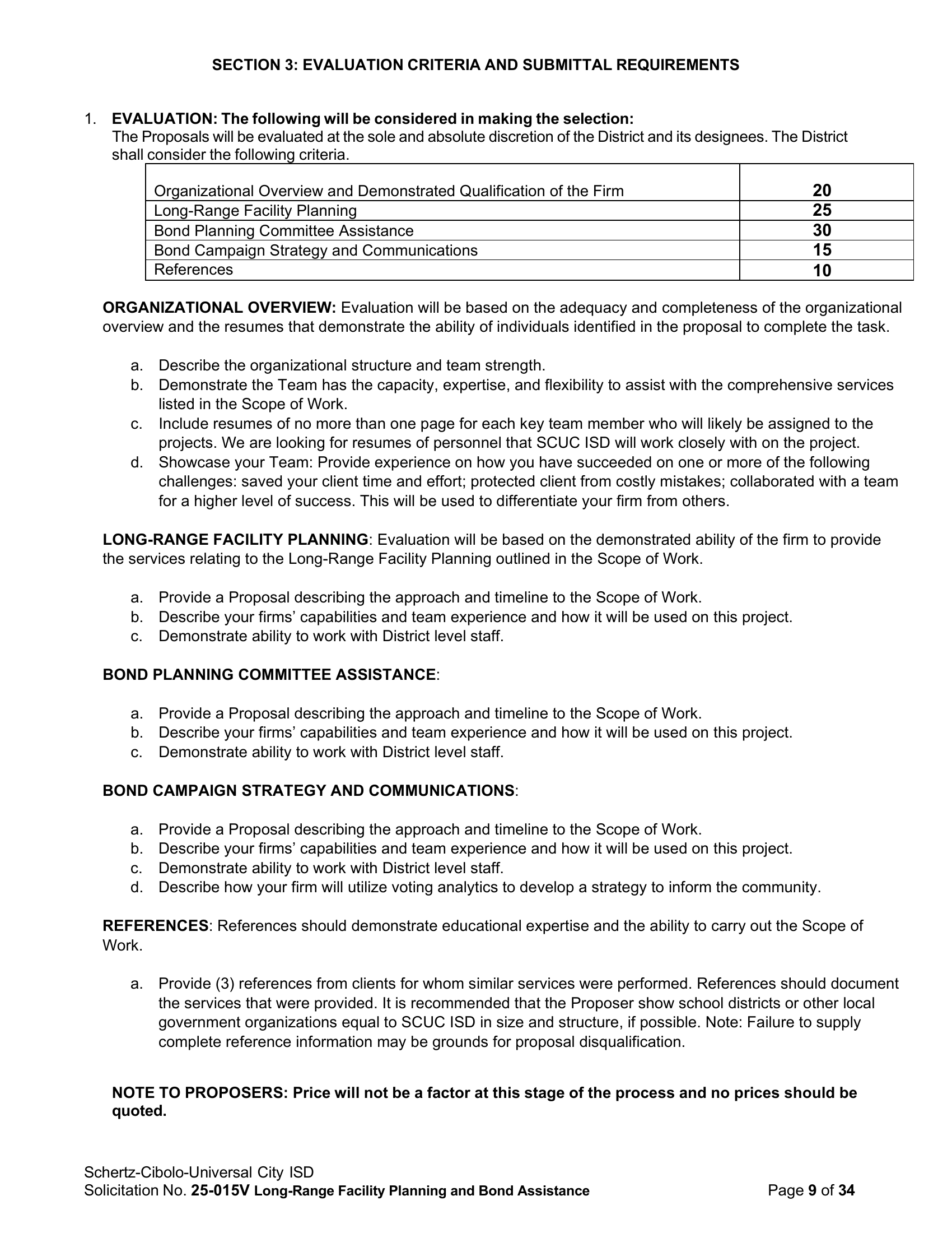 RFQ 25-015V, Page 9 — Evaluation criteria and scoring weights