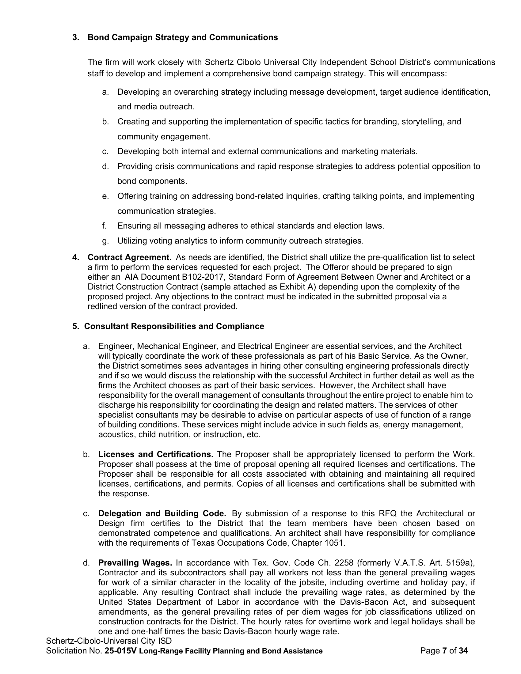 RFQ 25-015V, Page 7 — "Bond Campaign Strategy and Communications" scope of work